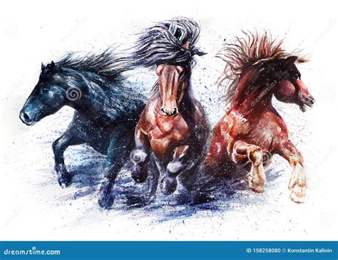 Running Horses, Watercolor Colorful Painting, Animals Stock ...