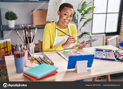 African American Woman Artist Using Touchpad Drawing Notebook Art Studio Stock Photo by ...