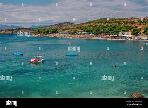 Ksamil, Albania - August 5, 2020: view of beautiful summer resort - sea bay with turquoise water ...