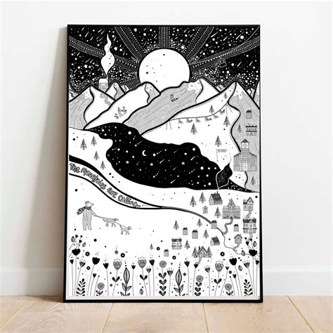 The Mountains Are Calling, Art Print Black and White Ink Illustration ...