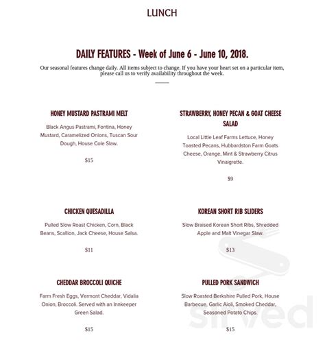 Bull Run Restaurant menu in Shirley, Massachusetts, USA