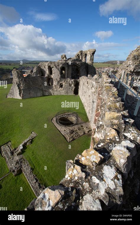 The town of Denbigh, Wales. Picturesque view of the 14th century ruins ...