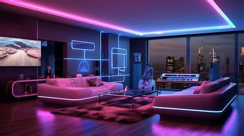 Premium AI Image | Interior of a modern living room with blue and purple neon lights