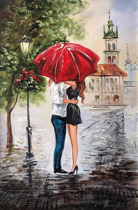 Romantic Couple Painting Canvas Love Date Night Art for Home Couple Kiss Under Red Umbrella Wall ...