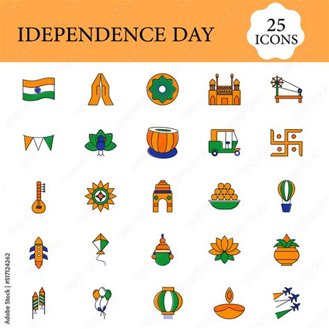 Isolated India Independence Day -25 Icon Set In Flat Style. Stock ...