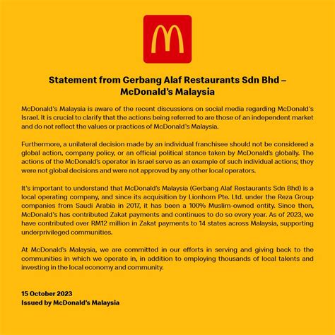 McDonald's Malaysia | Statement from Gerbang Alaf Restaurants Sdn Bhd ...