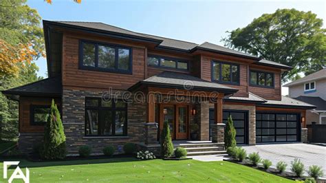 Luxury House Exterior with Brick and Siding Trim Stock Photo - Image of ...