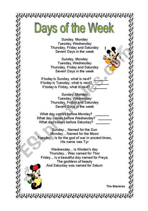 Days of the week song - ESL worksheet by titareca