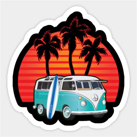 Van with Surfboard, Sunset and Palms - Vw Bus - Sticker | TeePublic