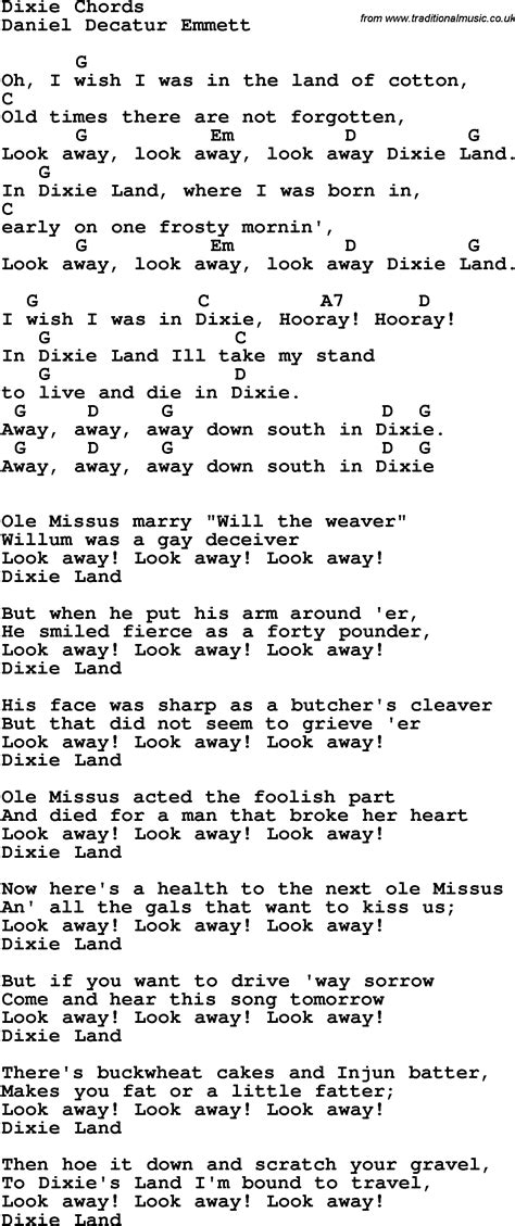 Song lyrics with guitar chords for Dixie