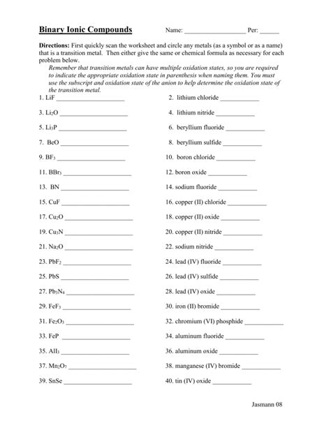 Naming Ionic Compounds Worksheet Answers