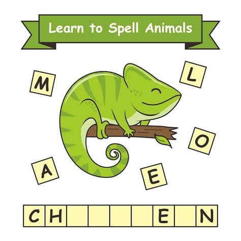 Premium Vector | Chameleon learn to spell animals worksheet