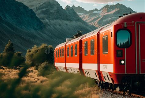 Red Train in the Beautiful Summer Mountains. Illustration Generative AI ...