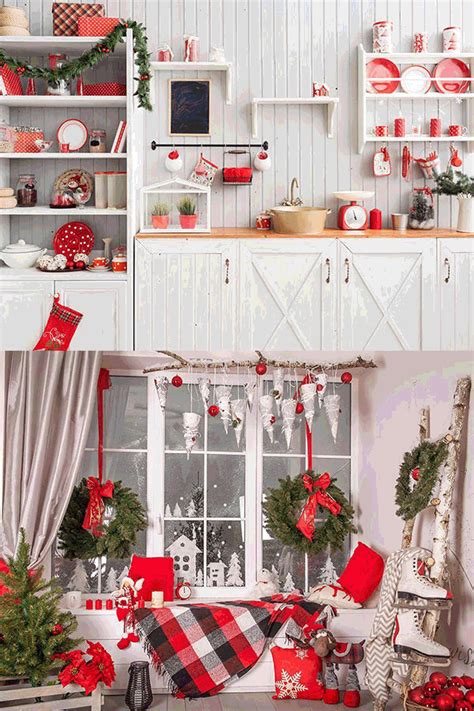 christmas decorations in red and white are on display