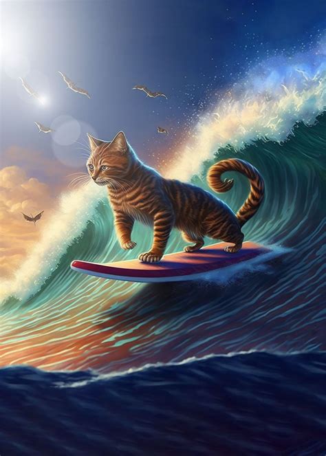 'Funny Cat Surfing' Poster, picture, metal print, paint by Super Anima ...