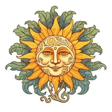 Solstice Clipart Sun Face With Leaf Motif Cartoon Vector, Sun Clipart, Leaf Clipart, Cartoon ...