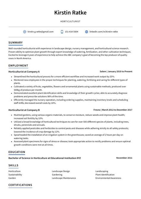 Horticulturist Resume (CV) Example and Writing Guide