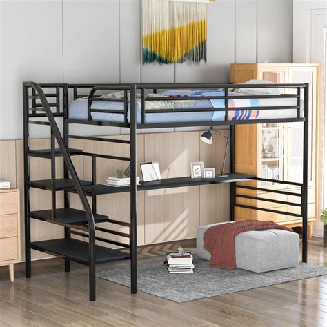 Twin Size Loft Bed, Metal Loft Bed Frame with Desk/Stairs/Full-Length Guardrail for Kids Teens ...