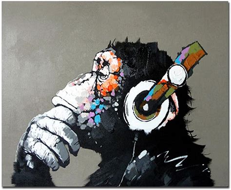 Hand Painted Oil Painting on Canvas Pop Art Cool Ape Listening Music with Headphone (Without ...