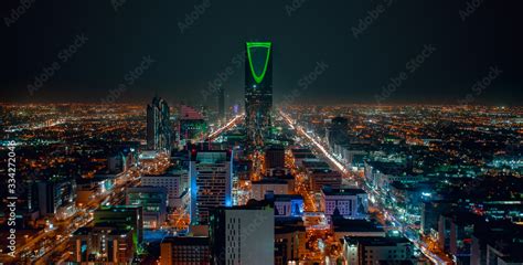 Saudi Arabia Riyadh landscape at night - Riyadh Tower Kingdom Centre ...