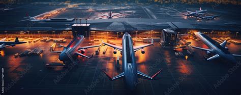 Commercial futuristic airport from top view. Night scene of aircrafts in airport. Stock Photo ...