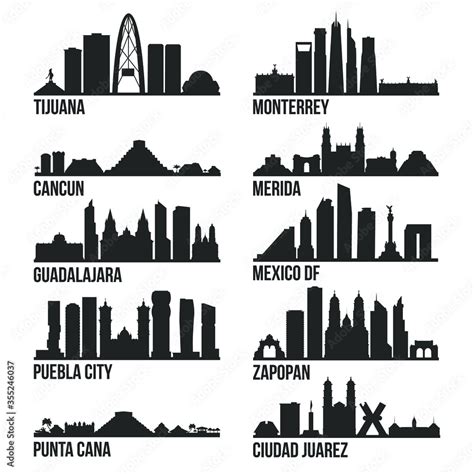 Mexico Cities Most Famous Skyline City Silhouette Design Collection Set Pack Stock Vector ...