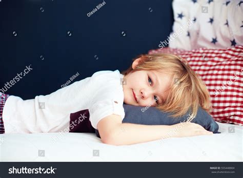 Portrait Cute Kid Lying Bed Home Stock Photo 555448804 | Shutterstock