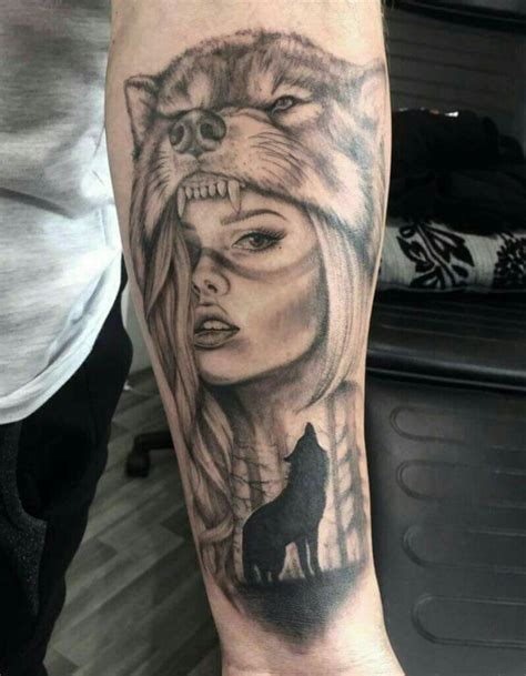 Wolf girl tattoos, Headdress tattoo, Wolf tattoo sleeve