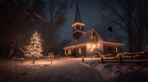 Church Sitting In The Snow At Night With Christmas Lights Background ...