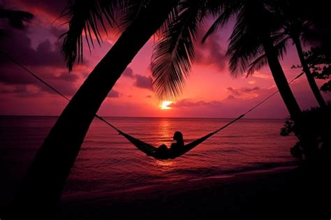 Premium AI Image | A woman in a hammock on the beach at sunset