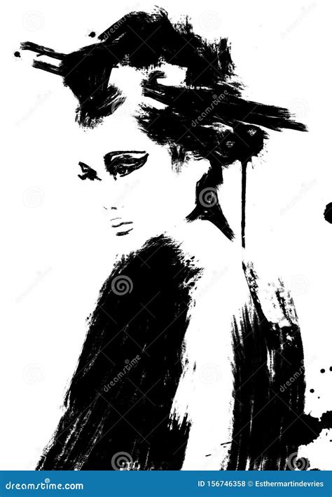 Abstract Geisha Woman Painting, Black and White Art. Portrait Asian Girl with Chopsticks in Her ...