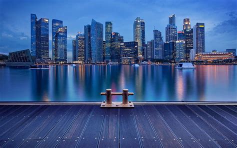 Skyscrapers in Blue Hour, city, water, evening, reflection, blue ...