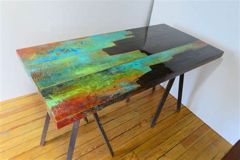 jewel tone painted coffee table, abstract art combined with rustic look of reclaimed wood ...