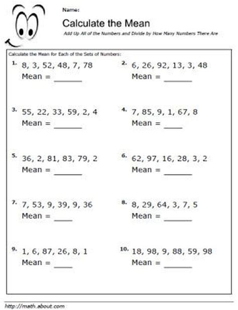 5 Worksheets for Calculating Mean Averages: Calculate the Mean Worksheet 1 Free Printable Math ...