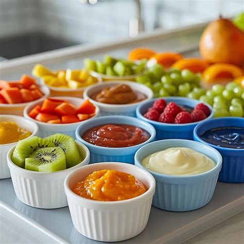 Premium Photo | A tray of fruit and dips with a variety of toppings on it