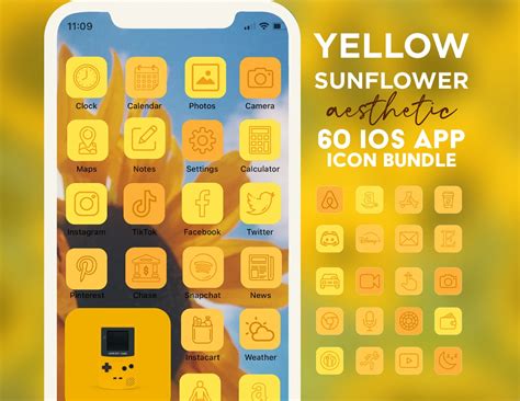 60 Yellow Aesthetic Ios 14 App Icons Sunflower Yellow and Orange App ...