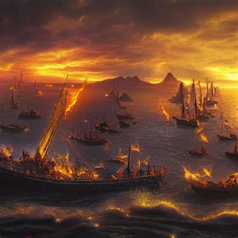 An Epic viking sea battle at night, firey skies by | Stable Diffusion | OpenArt