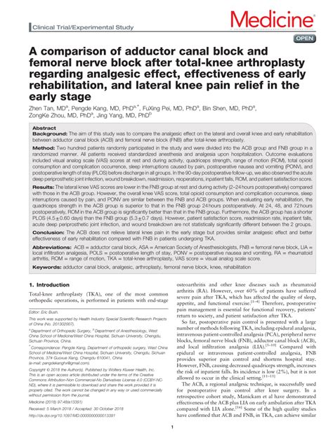 (PDF) A comparison of adductor canal block and femoral nerve block after total-knee arthroplasty ...