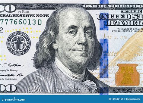 Close Up Overhead View of Benjamin Franklin Face on 100 US Dollar Bill. US One Hundred Dollar ...