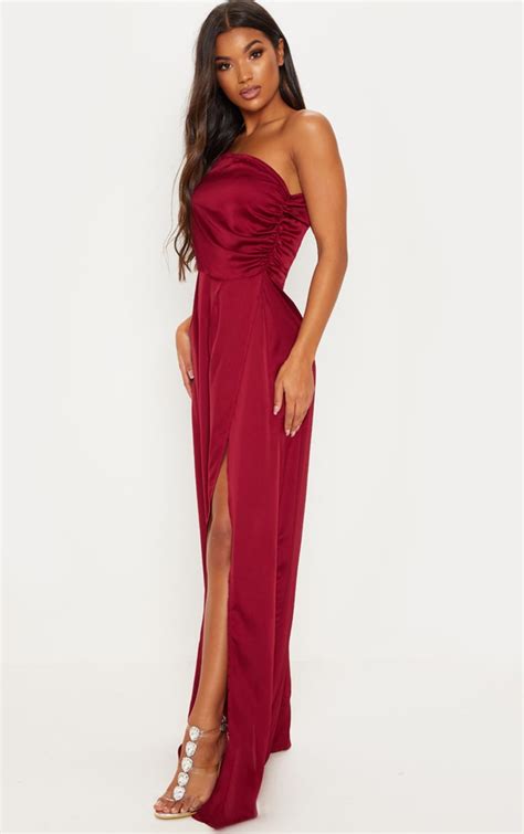 Burgundy Satin One Shoulder Ruched Dress | PrettyLittleThing CA