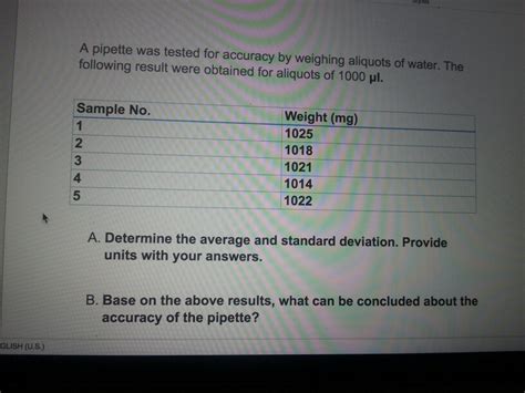 Solved A pipette was tested for accuracy by weighing | Chegg.com