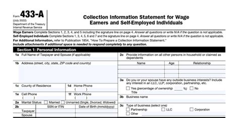 IRS Form 433-A, Collection Information Statement