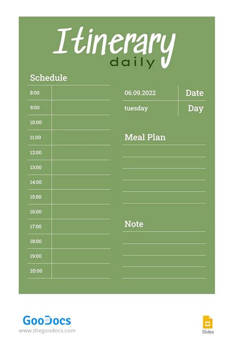 Green Daily Itinerary Template In Google Slides