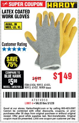 HARDY Latex Coated Work Gloves for $1.49 – Harbor Freight Coupons