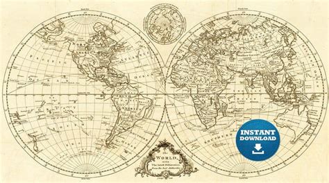 Digital Vintage Drawing Black and White World Map Printable - Etsy | World map printable ...