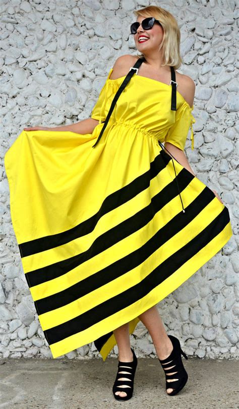 Lemon Yellow Dress, Cotton Lemon Yellow Dress with Black Stripes TDK247 - TEYXO