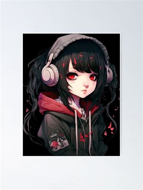 "Cute Anime Girl in Hoodie and Headphones - Red / Black Aesthetic ...