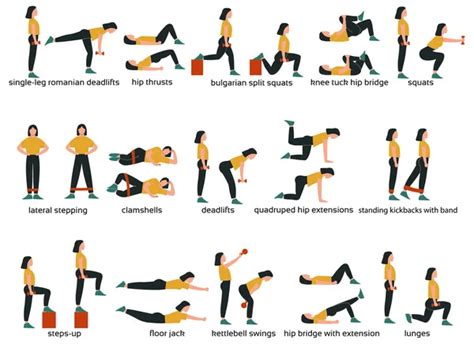 Set of glute exercises and workouts. Flat vector illustration. Glute ...