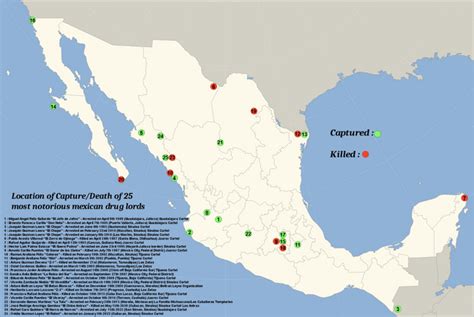 Map of the Locations of Capture or Death of 25 of the most notorious mexican drug lords : r/narcos