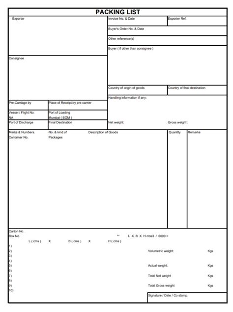 Commercial Invoice Packing List Template